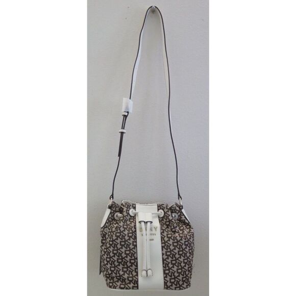 DKNY R11JFE13 White/Brown Signature Jacquard Noho Bucket Shoulder Bag $198 - Picture 8 of 13